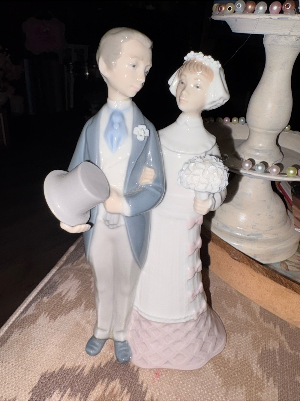 Retired Lladro porcelain Bride and Groom Cake Topper in White, Light Blue & Pink